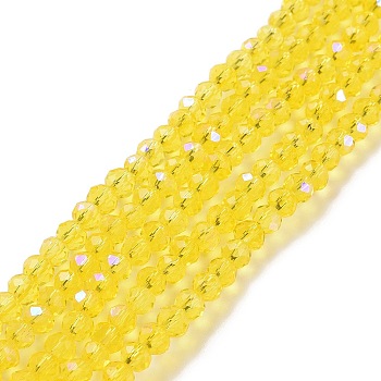 Electroplate Glass Beads Strands, Half Rainbow Plated, Faceted, Rondelle, Champagne Yellow, 6x5mm, Hole: 1mm, about 85~88pcs/strand, 16.1~16.5 inch(41~42cm)