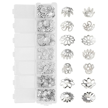 755Pcs 7 Style Iron Bead Caps, Flower, Silver, 5~10x1~4.4mm, Hole: 1~1.5mm