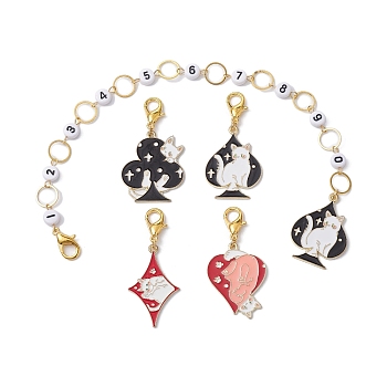 5Pcs Cat & Playing Card Alloy Enamel Knitting Row Counter Chains & Locking Stitch Markers Kits, Mixed Color, 5~26.5cm