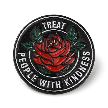 Inspirational Word Treat People with Kindness & Flower Enamel Pins, Black Alloy Badge for Women, Red, 30.5x2mm