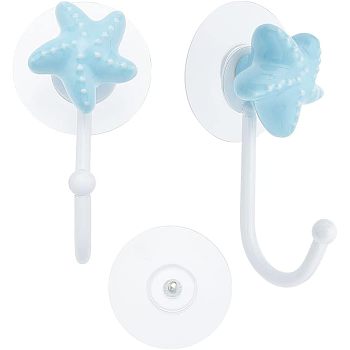 Porcelain Decorative Hook Hangers, with Iron Hook & Plastic Seamless Sticker, Starfish, Light Sky Blue, 44.5~100x44.5~55x11~33.5mm
