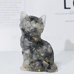 Resin Craft Display Decorations, with Natural Rutilated Quartz Chip, Cat Shape Figurine, for Home Feng Shui Ornament, 75x50x36mm(DJEW-PW0021-31E)