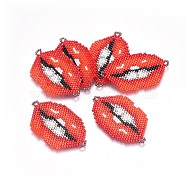 MIYUKI & TOHO Handmade Japanese Seed Beads Links, Loom Pattern, Lip, Red, 27~28x46~47x1.7mm, Hole: 2mm(SEED-A029-CD01)