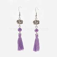 Nylon Tassel Earrings, with 304 Stainless Steel Earring Findings and Amethyst Beads, 77mm, Pin: 0.6mm(EJEW-JE02829-01)