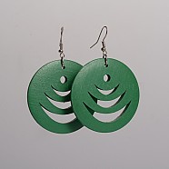 Flat Round Hollow Wood Dangle Earrings, with Platinum Plated Iron Earring Hooks, Green, 70x49mm, Pin: 0.8mm(EJEW-F0090-03A)