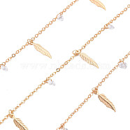 Handmade Brass Cable Chains, with Cubic Zirconia Charms, Soldered, Spool, Feather, Real 18K Gold Plated, 2x1.7x0.2mm, about 16.4 Feet(5m)/roll(CHC-S012-066)