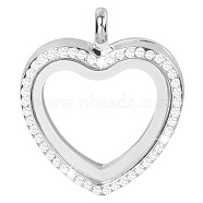 Alloy & Glass Floating Locket Pendants, with Rhinestone and Magnet, Heart Charm, Platinum, 35x30x7mm(PW23032037607)