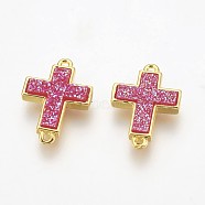 Electroplate Druzy Resin Links connectors, with Golden Tone Brass Findings, Cross, Medium Violet Red, 19.5x13.5x4mm, Hole: 0.8mm(RESI-F014-B01)