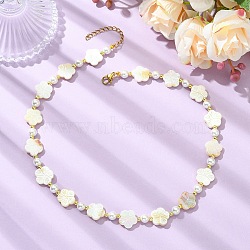 Electroplated Natural Freshwater Shell Flower and Shell Pearl Beaded Necklaces for Women, Golden, White, 15.94 inch(40.5cm)(NJEW-JN06209)
