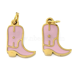 Ion Plating(IP) 304 Stainless Steel Enamel Charms, with Jump Ring, Manual Polishing, Cowboy Boots Charm, Real 18K Gold Plated, Pearl Pink, 12x9x1.5mm, Hole: 2.5mm(STAS-Z104-05G)