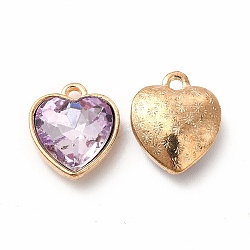 Faceted Glass Rhinestone Pendants, with Golden Tone Zinc Alloy Findings, Heart Charms, Lilac, 16.5x14x6.5mm, Hole: 1.6mm(GLAA-I051-B06)