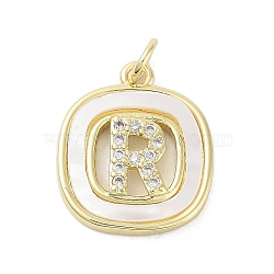 Rack Plating Brass Micro Pave Clear Cubic Zirconia Pendants, with Shell, Cadmium Free & Lead Free, Long-Lasting Plated, Real 18K Gold Plated, with Jump Ring, Letter R, 17.5x15x2.5mm, Hole: 3mm(KK-E102-33G-R)