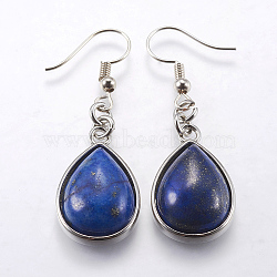 Natural Lapis Lazuli Dangle Earrings, with Brass Earring Hooks, teardrop, Platinum, 48mm, Pin: 0.5mm(X-EJEW-P143-A07)