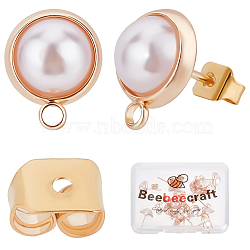 20Pcs Brass Stud Earring Findings, with ABS Plastic Imitation Pearl, 925 Sterling Silver Pins & Horizontal Loops, Half Round, with 20Pcs Brass Ear Nuts, Golden, 12.5x10mm, Hole: 1.8mm, Pin: 0.8mm(KK-BBC0002-38)
