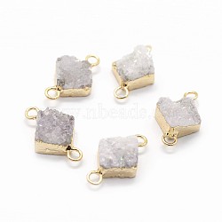 Natural Druzy Quartz Links connectors, with Brass Findings, Rhombus, Golden, Gainsboro, 20~22x12~14x6~8mm, Hole: 2.5mm(G-P396-10G)
