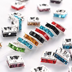 Brass Rhinestone Spacer Beads, Square, Nickel Free, Silver Color Plated, Mixed Color, 8x8x4mm, Hole: 1mm(RSB074)