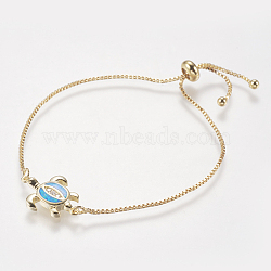 Adjustable Brass Bolo Bracelets, Slider Bracelets, with Synthetic Opal and Cubic Zirconia, Box chains, Sea Turtle, Blue, 9.1 inch(23cm)~10 inch(25.5cm), 1mm(BJEW-I240-01G-02)