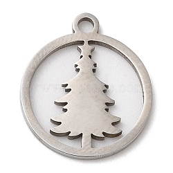 Non-Tarnish Christmas 201 Stainless Steel Pendants, Flat Round with Christmas Tree, Stainless Steel Color, 15x13x1mm, Hole: 1.5mm(X-STAS-D053-03P)