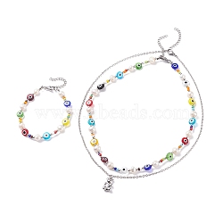 Natural Pearl and Evil Eye Jewelry Set with Bear Pendant, 1Pc Beaded Bracelet & 1Pc Necklace and 1Pc Pendant Necklace for Women, Colorful, 7-1/2 inch(19cm)~18-3/4 inch(47.5cm), 3pcs/set(SJEW-TA00004)