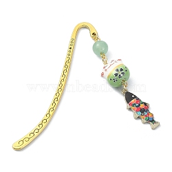 Japanese Style Maneki-neko Bookmark, Lucky Cat & Fish Pendant Bookmark with Natural Round Green Aventurine, Alloy Hook Bookmarks, 84mm(AJEW-JK00260-01)