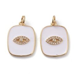 Brass Micro Pave Clear Cubic Zirconia Pendants, with White Enamel & Jump Rings, Long-Lasting Plated, Rectangle with Eyes, Real 18K Gold Plated, 19x15x2mm, Hole: 3mm, Jump Ring: 5x1mm(ZIRC-Z008-12G)