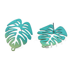 Spray Painted Iron Stud Earring Findings, with Horizontal Loops, Monstera Leaf, Dark Turquoise, 28.5x24mm, Hole: 1.4mm, Pin: 0.7mm(IFIN-N008-019-A01)