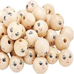 Fingerinspire 50Pcs Natural Wood Beads, Round with Smile Face, BurlyWood, 17.5x17mm, Hole: 4mm, 50pcs(WOOD-FG0001-15B)