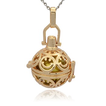 Golden Tone Brass Hollow Round Cage Pendants, with No Hole Spray Painted Brass Round Ball Beads, Dark Khaki, 35x25x21mm, Hole: 3x8mm