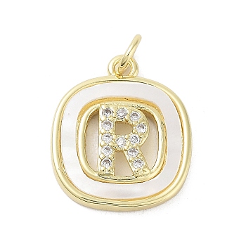 Rack Plating Brass Micro Pave Clear Cubic Zirconia Pendants, with Shell, Cadmium Free & Lead Free, Long-Lasting Plated, Real 18K Gold Plated, with Jump Ring, Letter R, 17.5x15x2.5mm, Hole: 3mm