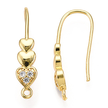 Brass Micro Pave Cubic Zirconia Earrings Hooks, Ear Wire with Horizontal Loops, Heart, Golden, 29x14x5mm, Hole: 1mm, 18 Gauge, Pin: 1mm