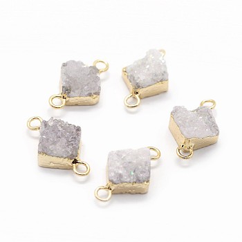 Natural Druzy Quartz Links connectors, with Brass Findings, Rhombus, Golden, Gainsboro, 20~22x12~14x6~8mm, Hole: 2.5mm