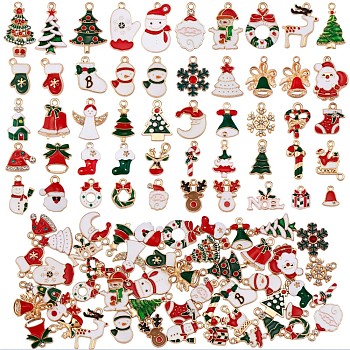 50Pcs Christmas Alloy Enamel Pendants, with Rhinestone,  Santa Claus & Snowflake & Christmas Tree & Reindeer/Stag, for Jewelry Necklace Gift Making Crafts, Mixed Color, 13x10mm~25x16mm, Hole: 2mm