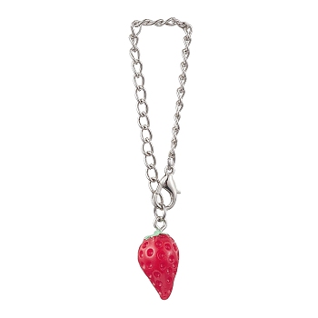Strawberry Opaque Resin Pendants Decorations, with Iron Twisted Chains Curb Chains and Zinc Alloy Lobster Claw Clasps, Crimson, 138mm