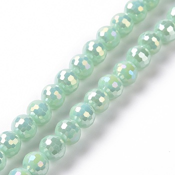 Electroplate Opaque Solid Color Glass Beads Strands, AB Color Plated, Faceted, Round, Medium Aquamarine, 5~6mm, Hole: 1~1.2mm, about 95pcs/strand, 20.87''(53cm)