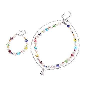 Natural Pearl and Evil Eye Jewelry Set with Bear Pendant, 1Pc Beaded Bracelet & 1Pc Necklace and 1Pc Pendant Necklace for Women, Colorful, 7-1/2 inch(19cm)~18-3/4 inch(47.5cm), 3pcs/set