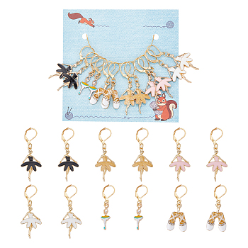 12Pcs 6 Styles Ballet Dancer & Shoes Alloy Enamel Pendant Stitch Markers, Crochet Leverback Hoop Charms, with Brass Leverback Earring Findings, Mixed Color, 3.9~4.5cm, 2pcs/style