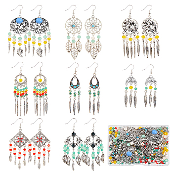 DIY Bohemia Chandelier Earring Making Kit, Including Alloy Feather & Leaf Pendants & Links Connectors, Glass Beads, Brass Earring Hooks, Mixed Color, 352Pcs/box