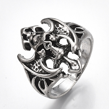 Alloy Wide Band Rings, Chunky Rings, Skull, Antique Silver, Size 11, 21mm