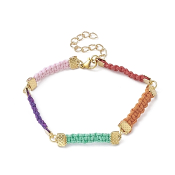 Braided Waxed Polyester Rectangle Link Chain Bracelets, with Real 18K Gold Plated 304 Stainless Steel Clasps, Colorful, 7-5/8 inch(19.5cm)