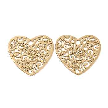 Brass Etched Metal Embellishments Charms, Long-Lasting Plated, Heart with Hollow Out, Light Gold, 12.5x13.5x0.3mm, Hole: 1.2mm