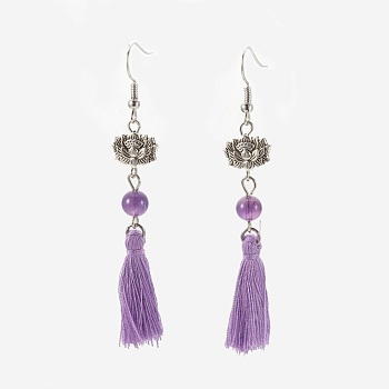 Nylon Tassel Earrings, with 304 Stainless Steel Earring Findings and Amethyst Beads, 77mm, Pin: 0.6mm