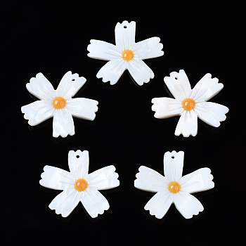 Natural Freshwater Shell Pendants, with Enamel, Flower, Gold, 23x25x2.5~3mm, Hole: 1mm