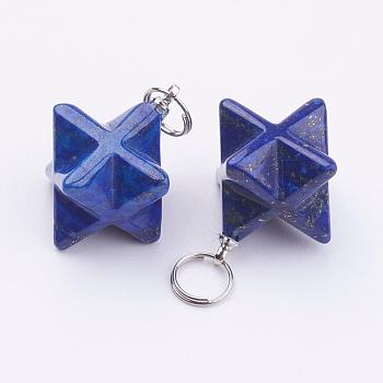 Natural Lapis Lazuli Pendants, with 201 Stainless Steel Split Rings, Stainless Steel Color, Merkaba Star, 23~24x17~17.5x20mm, Hole: 6mm