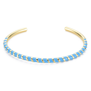 Twisted Brass Enamel Cuff Bangle, Real 18K Gold Plated Open Bangle for Women, Nickel Free, Deep Sky Blue, Inner Diameter: 2-3/8 inch(5.95cm)