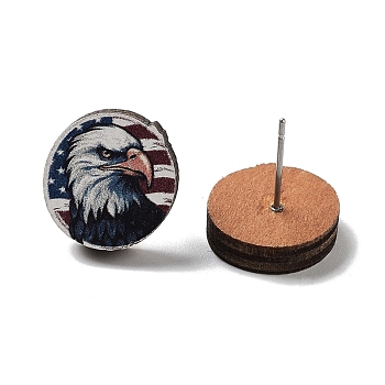 Independence Day Wood Stud Earrings, with 304 Stainless Steel Pins, Eagle, 14~14.5mm