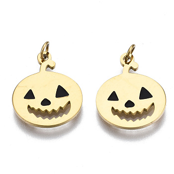 316 Surgical Stainless Steel Enamel Charms, with Jump Rings, for Halloween, Pumpkin, Black, Real 14K Gold Plated, 14.5x12x1mm, Jump Ring: 3.4x0.5mm, 2.4mm inner diameter