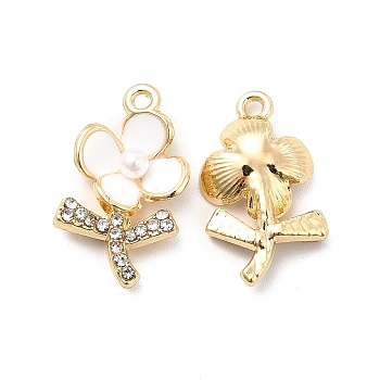 Alloy Rhinestone Enamel Pendants, with ABS Plastic Imitation Pearl Beads, Flower Charms, White, 19.5x11x4mm, Hole: 1.5mm