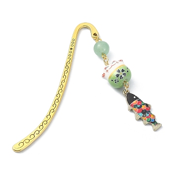 Japanese Style Maneki-neko Bookmark, Lucky Cat & Fish Pendant Bookmark with Natural Round Green Aventurine, Alloy Hook Bookmarks, 84mm
