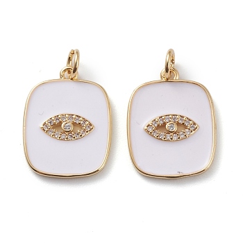 Brass Micro Pave Clear Cubic Zirconia Pendants, with White Enamel & Jump Rings, Long-Lasting Plated, Rectangle with Eyes, Real 18K Gold Plated, 19x15x2mm, Hole: 3mm, Jump Ring: 5x1mm