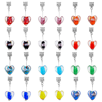 24Pcs 12 Colors Handmade Luminous Lampwork European Dangle Charms, Large Hole Heart Pendants, with Platinum Plated Alloy Tube Bails, Mixed Color, 37~40mm, Pendant: 29x15~16x9~10mm, Hole: 4.5mm, 2pcs/color